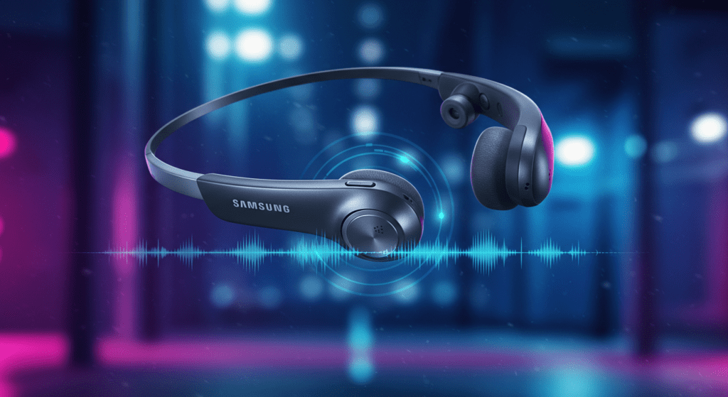 "Samsung bone conduction headphones worn by an athlete running in a neon-lit city street.