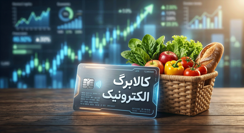 تصویر مفهومی کارت خرید الکترونیکی به همراه سبد مواد غذایی، نمادی از تغییر در طرح کالابرگ الکترونیکی و سیستم توزیع هدفمند یارانه‌ها برای دهک‌های پایین جامعه